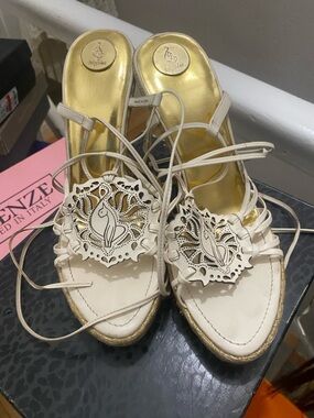 Baby Phat White Lace-Up Heels with Gold Insole
